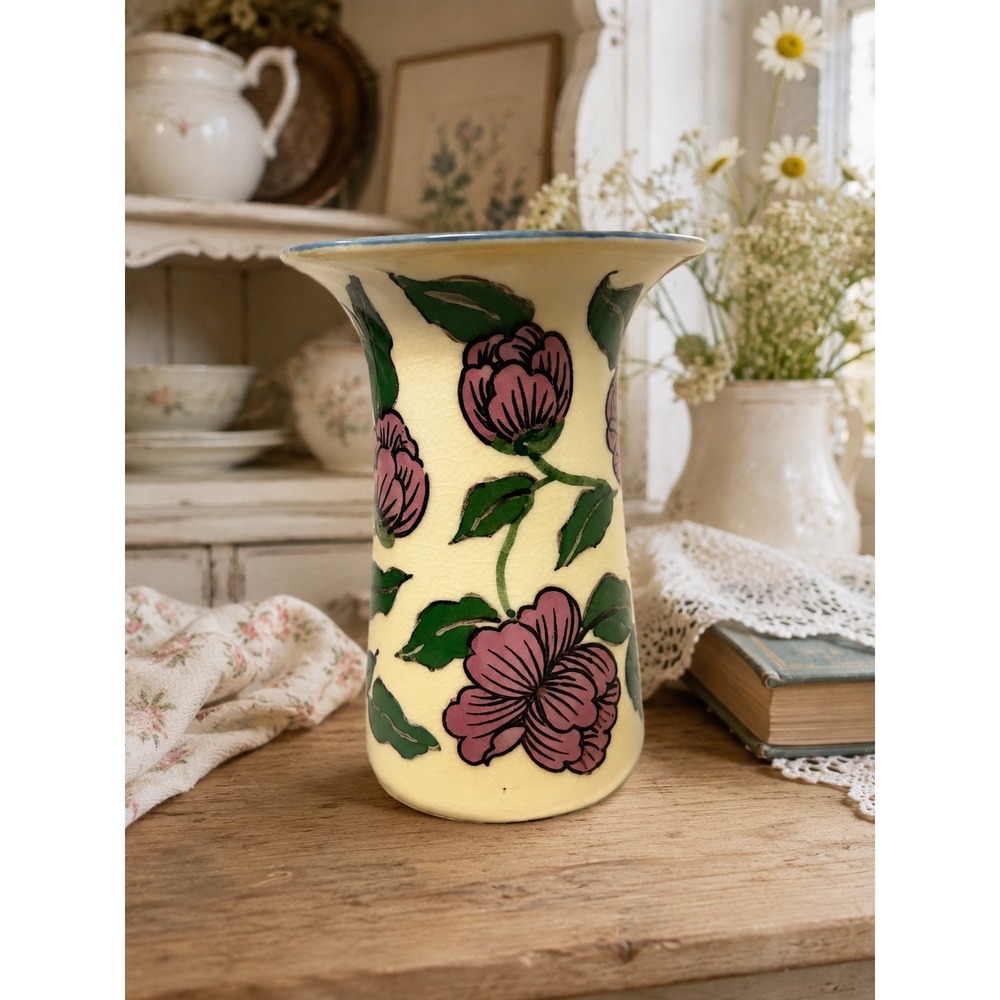 Vintage Hand-Painted Floral Vase Cream Pink Purple Glaze 7.5" Shabby Crazing
